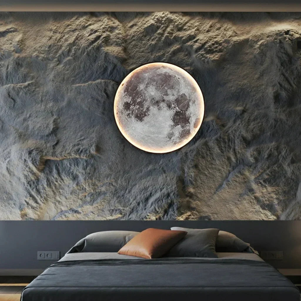 Decoration murale lune lumineuse au dessus du lit