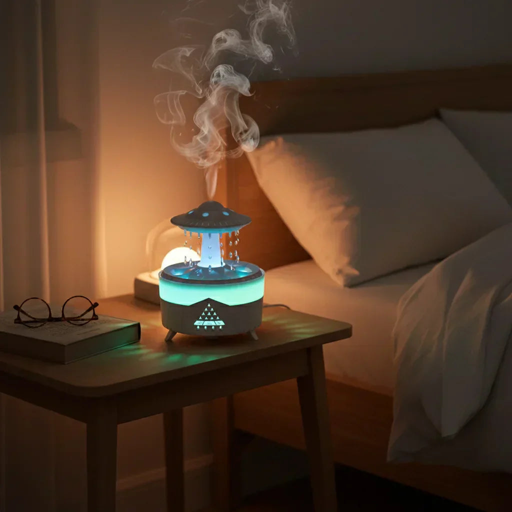 Humidificateur lumineux pose sur une table de chevet