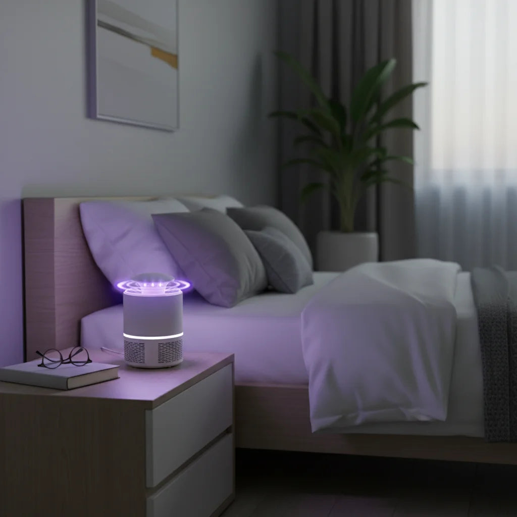 Lampe anti moustiques LED posee sur une table de chevet