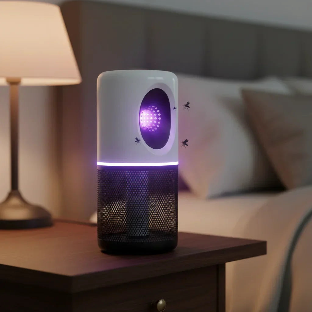 Lampe anti moustiques blanche utilisee dans une chambre