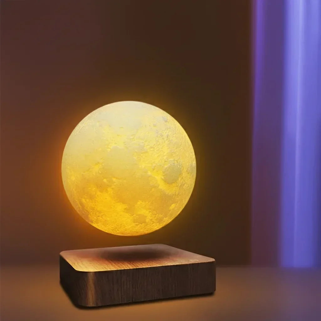 Lampe lune flottante en levitation sur socle en bois