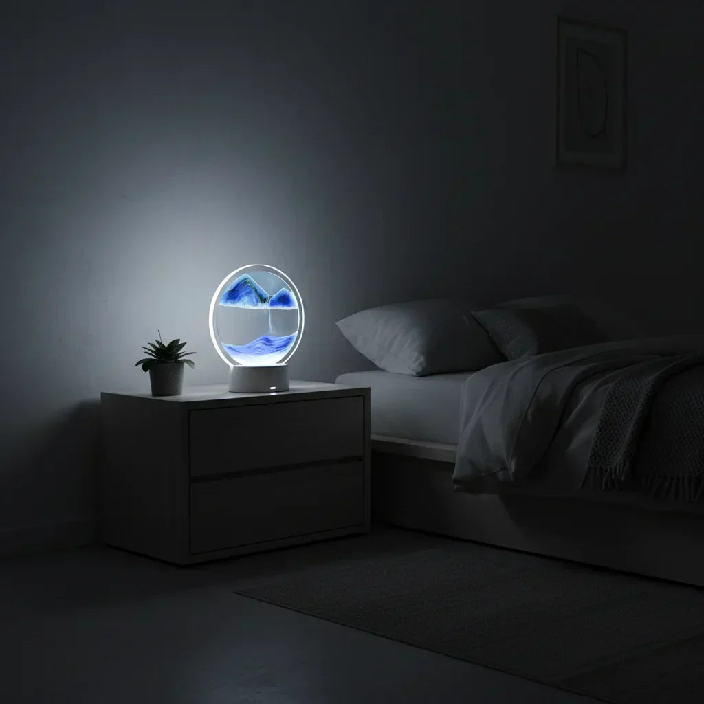 Lampe sable mouvant LED sur table de chevet