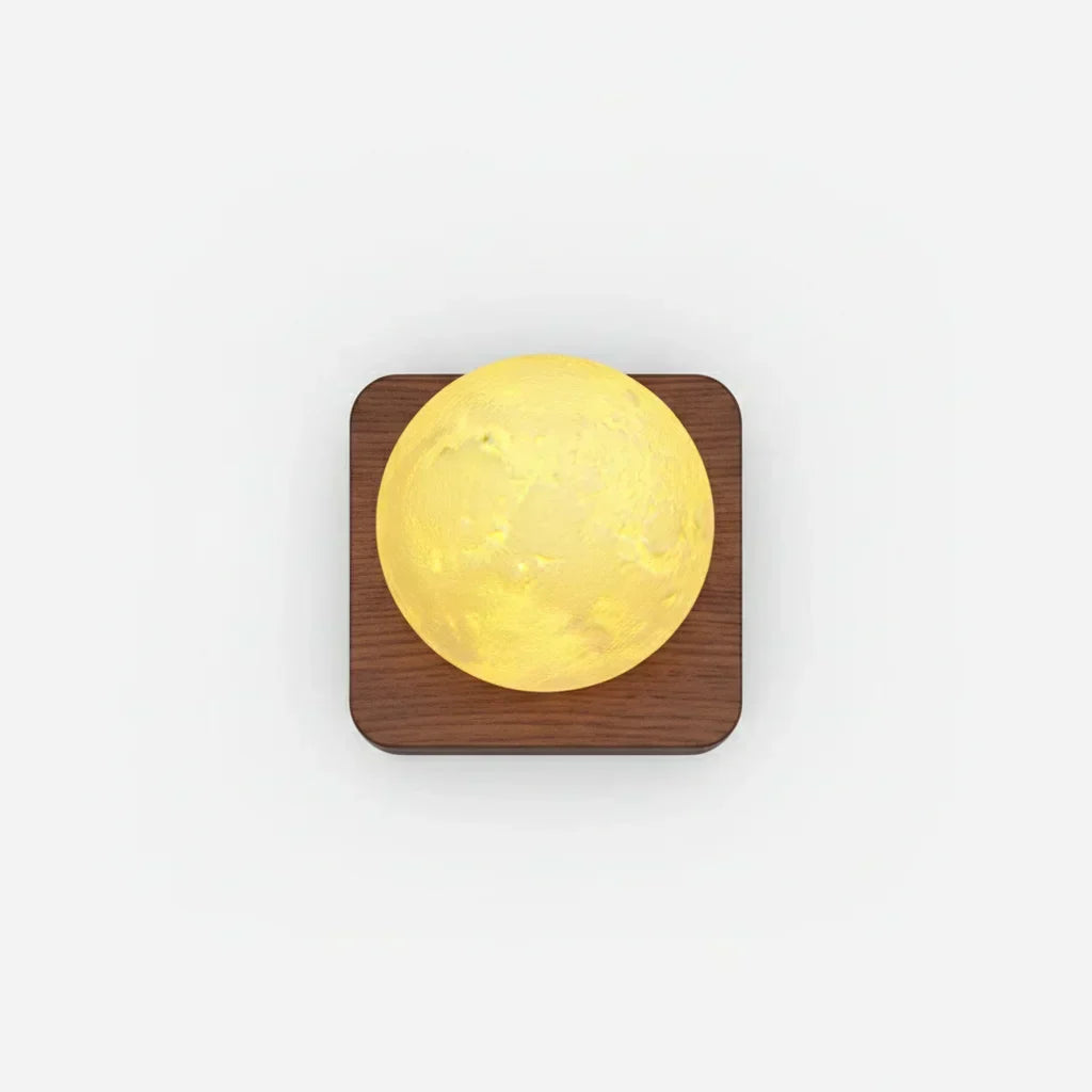Lune flottante lumineuse sur base en bois