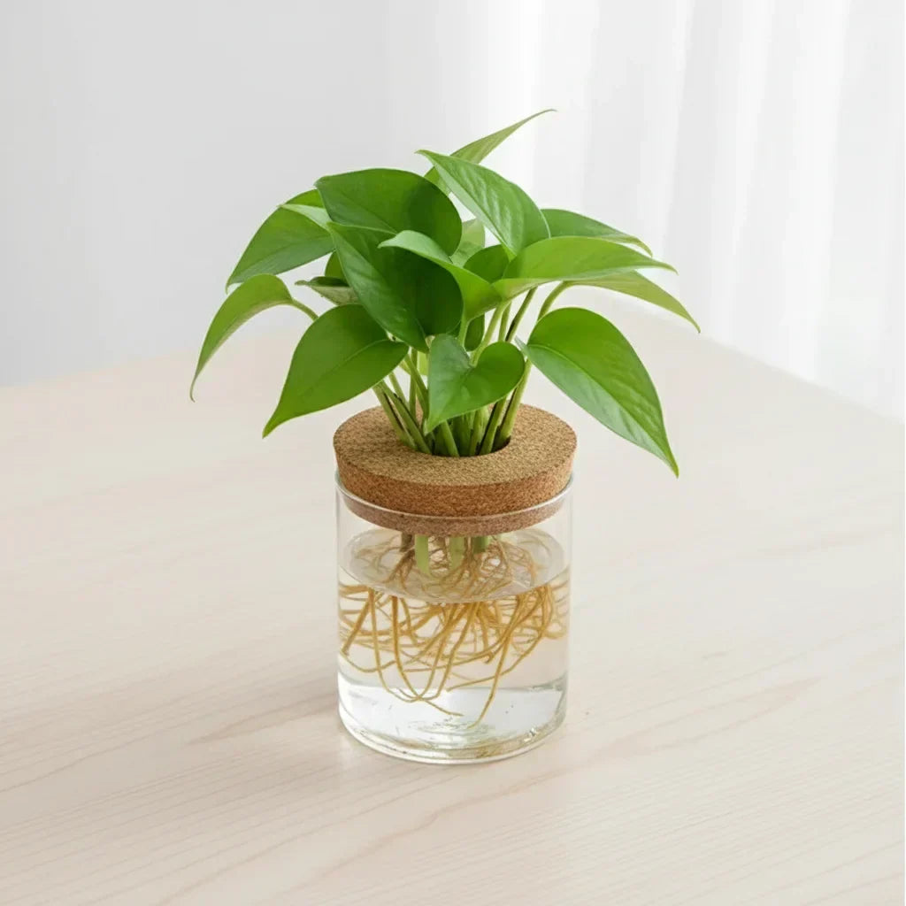 Pot en verre avec support en bois pour plante