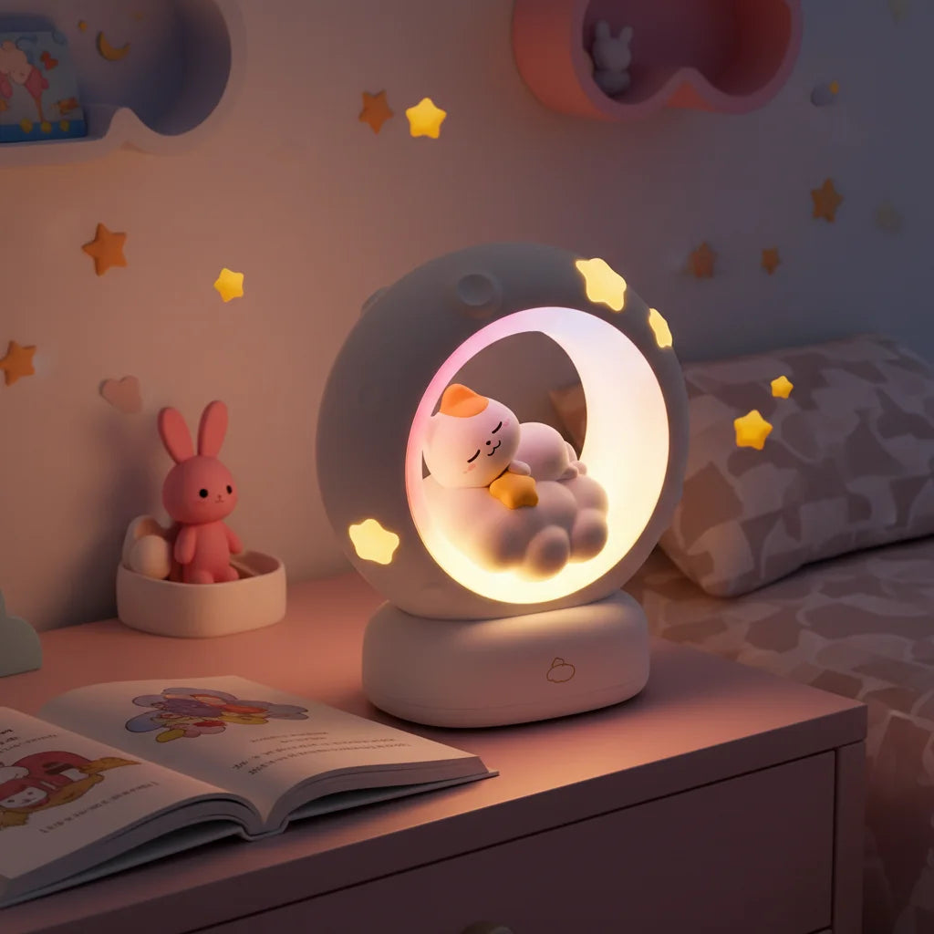 Veilleuse LED enfant posee sur table de chevet