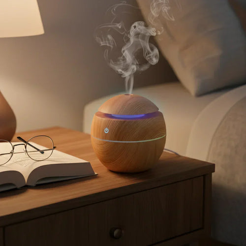 diffuseur ultrasonique effet bois sur table de chevet